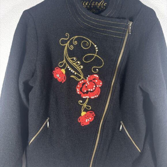 Icelandic Designs Vintage Women’s Black Wool Floral Embroidered Zip Up Jacket XL - Picture 2 of 7